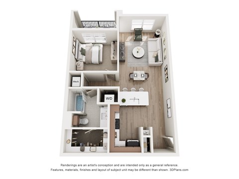 A 3D floor plan of a small apartment with a kitchen, living room, and two bedrooms.